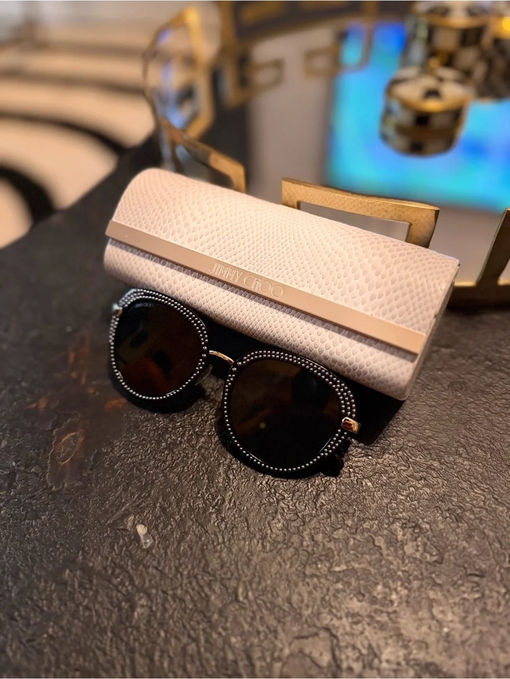 Jimmy Choo Black and Gold Crystal-Trim Round Sunglasses